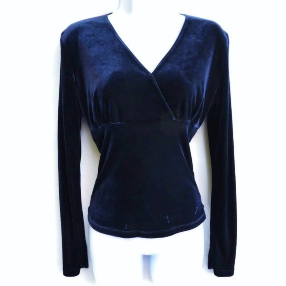 Vintage Pandora Casuals Velour Surplice Top Royal Blue Long Sleeve Stretchy S